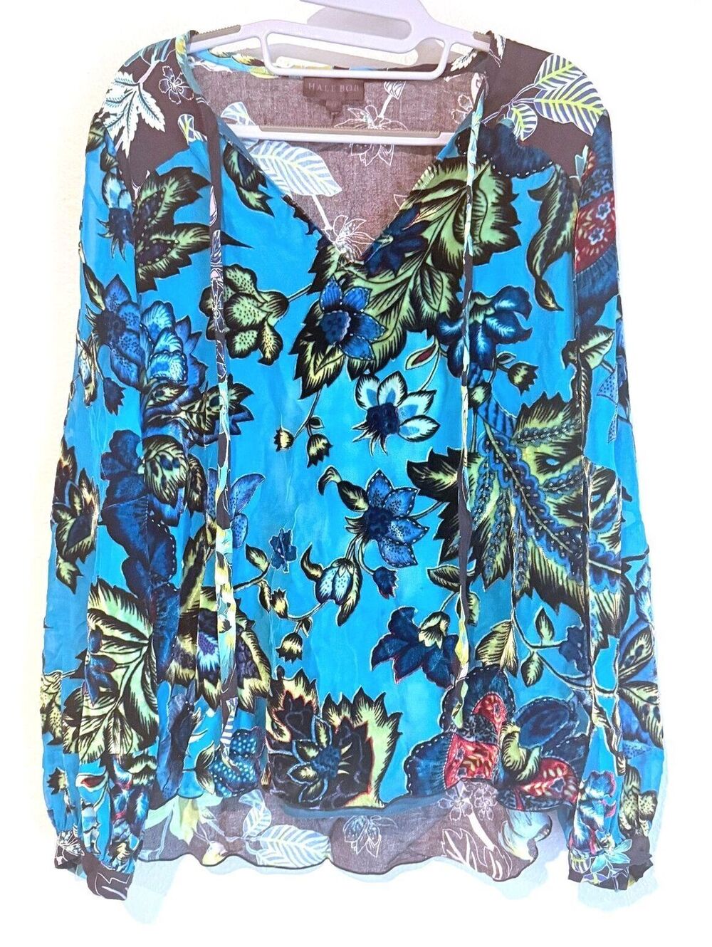 Y2K Hale Bob Vibrant Blue Silk Burnout Velvet Long Sleeve Floral Blouse Medium